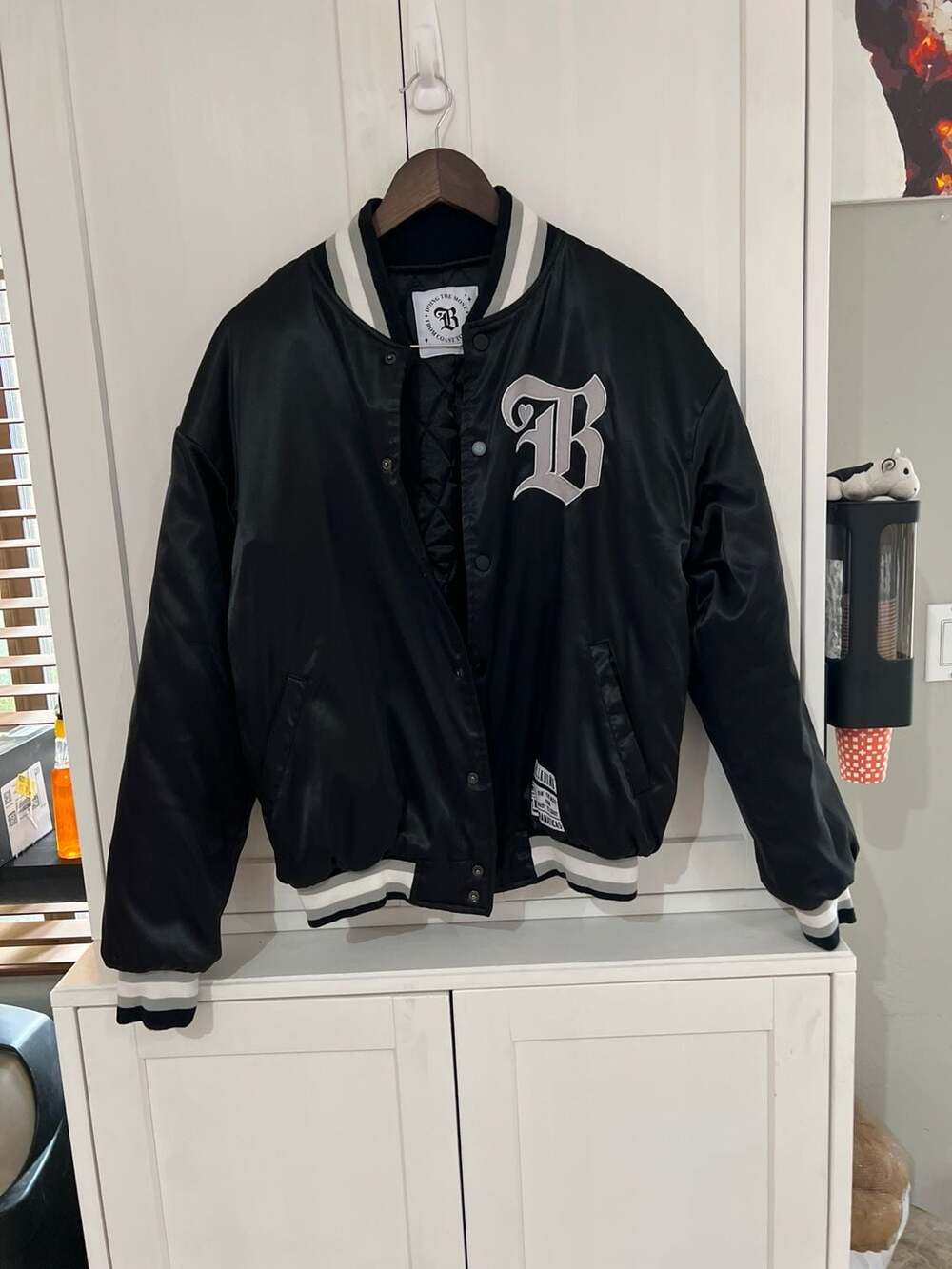 Bella Doña Dramatica Black Satin Varsity Jacket Size Medium